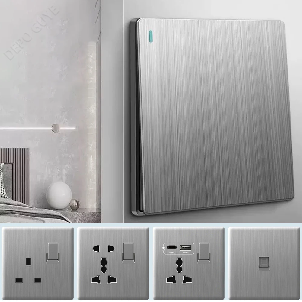 Ultra Thin Brushed Grey Wall 2 Way Switch Panel, UK Standard 18W Type-C Fast Charging Power Outlet Dual 3pin USB Socket