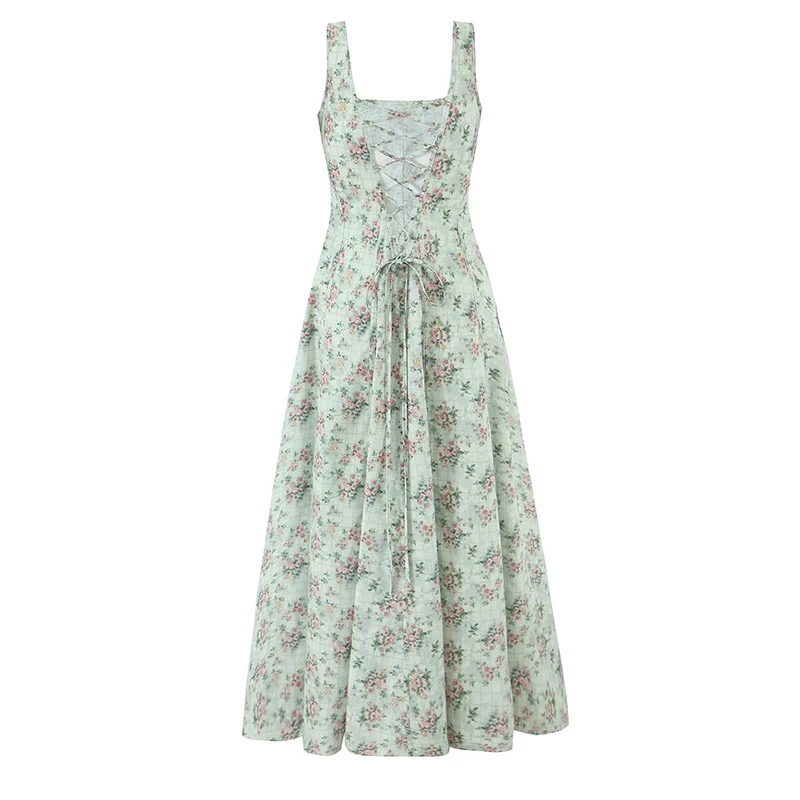 2025 ผู้หญิง Lace Up BANDAGE กลับดอกไม้พิมพ์ชุด A-Line Midi สแควร์คอวันหยุดฤดูร้อน Dresses PARTY Robe