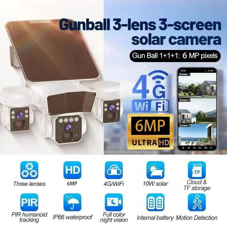 

4G Solar IP Camera 3 Lens HD 6MP 4G Camera Auto Tracking Night Vision Waterproof CCTV PTZ Security Surveillance V380 Pro Camera