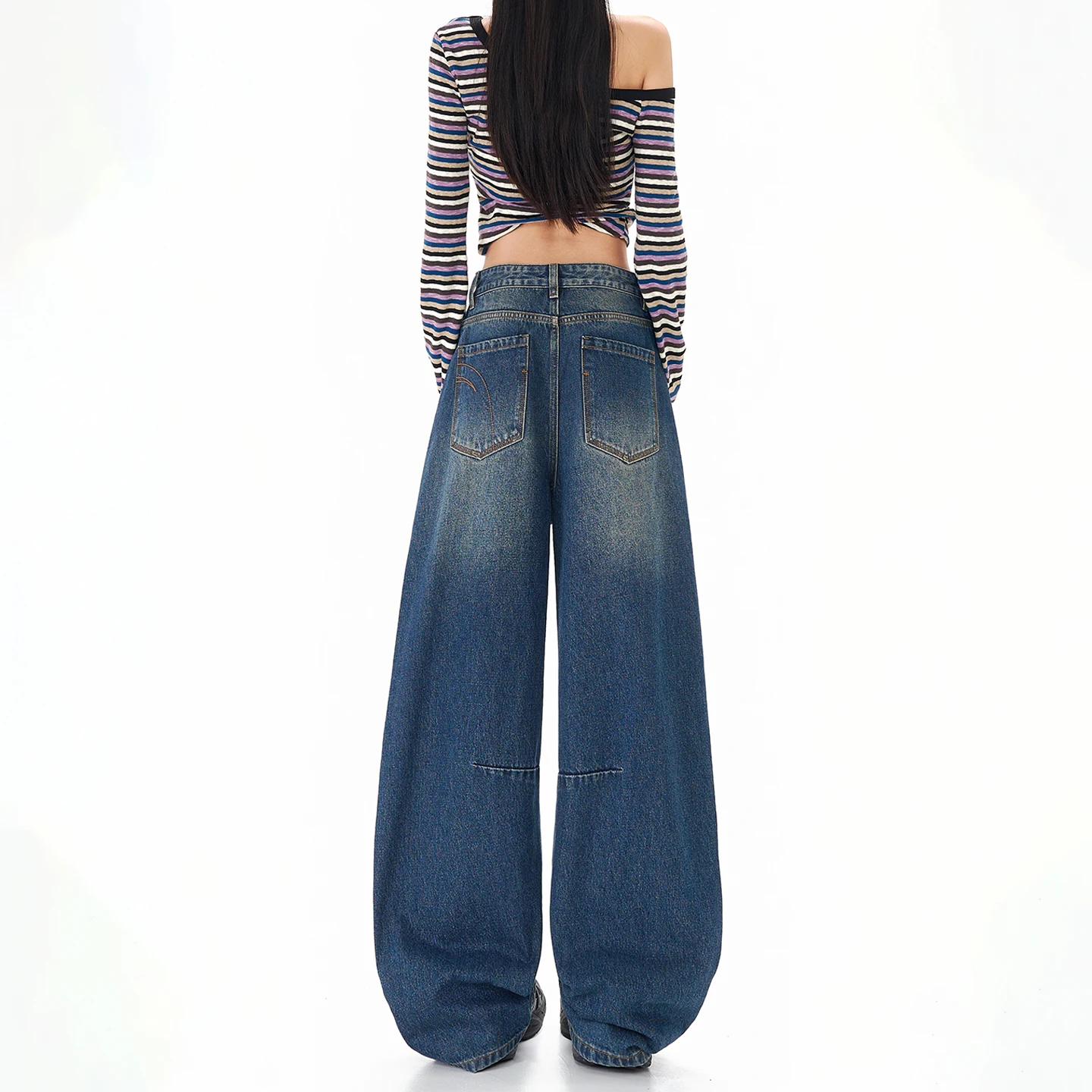 Celana Denim Wanita Model Retro Vintage Amerika, Berlapis Sherpa, Panjang Lantai, Gradasi Warna, Kaki Lebar, Model Slouchy dan Melengkung