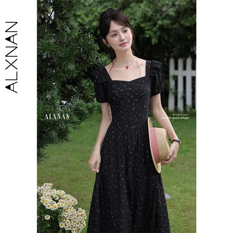 ALXNAN Women's Black Floral Dress Elegant Long Square Neck Puff Sleeve Dresses 2025 Summer Casual Party Female Clothing L56011