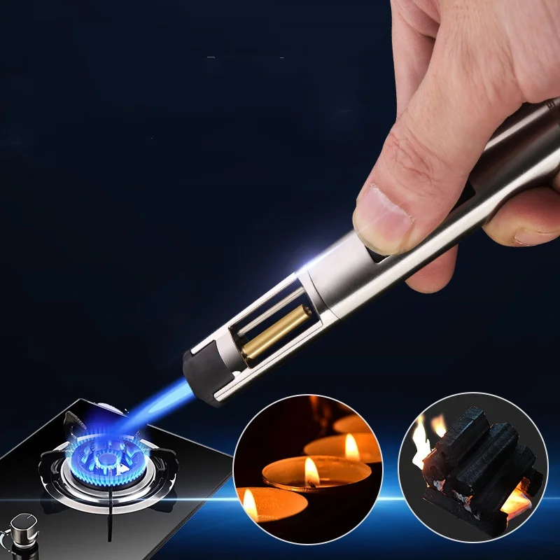 Honest Jet Blue Flame Cigar Lighter Refillable Metal Butane Gas Lighters Kitchen Ignition Lighter Outdoor Fire‑Starting Tool