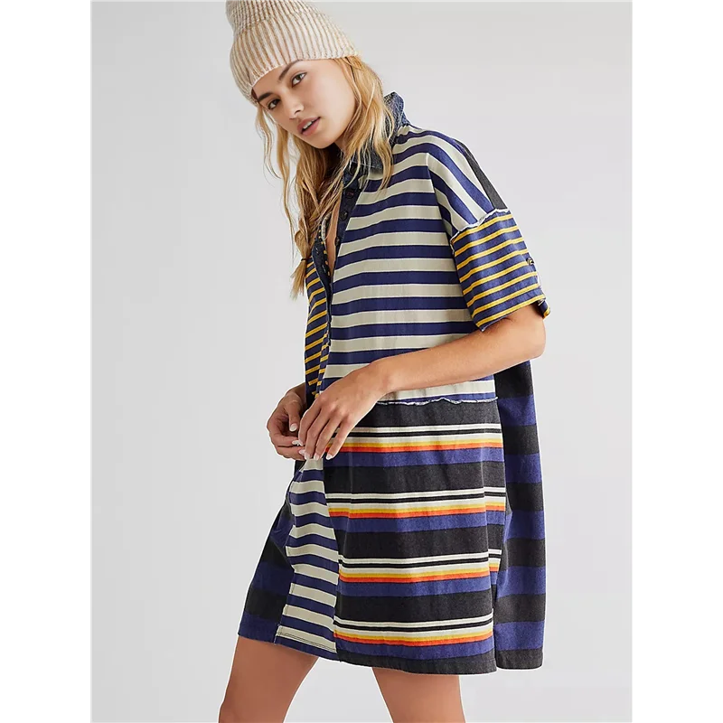 ABP-Women Contrast Striped Babydoll Y2k Summer Patchwork Mini T- Shirt Vintage V Neck Short Sleeve Dress