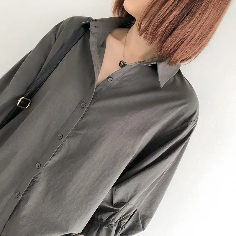 Einfarbiges Rüschenkanten-Laternenärmel-Oberteil mit Sieben-Viertel-Ärmeln Einreihiges Hemd Frühling Sommer Neue Koreanische Version Damen Locker Sitzende Übergrößen-Bluse – Detail 7