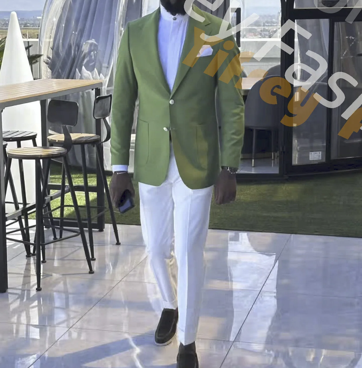 

Комплект из 2 предметов: зеленый мужской костюм с вырезанными лацканами, смокинг для официальных мероприятий, свадьбы, жениха, на заказ, пиджак и белые брюки, повседневная мужская одежда, костюм Homme