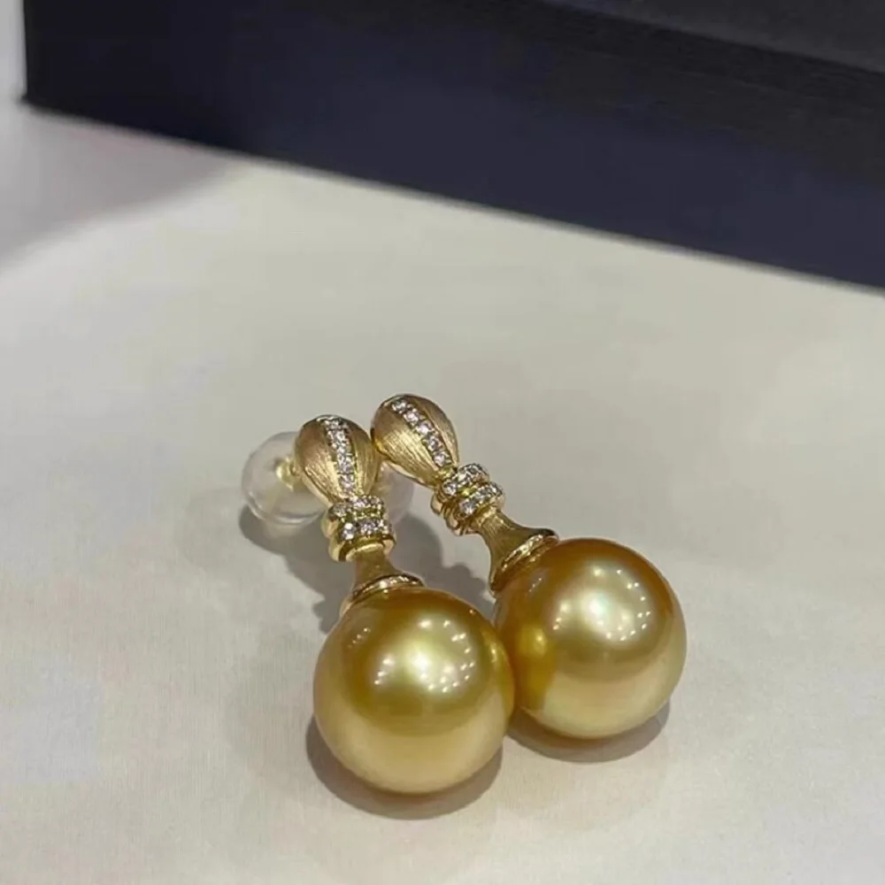 New Pearl Earrings AAAA 9-10mm10-11mm 11-12mm Natural South  Sea Natural Round Gold Pearl Earrings 925s