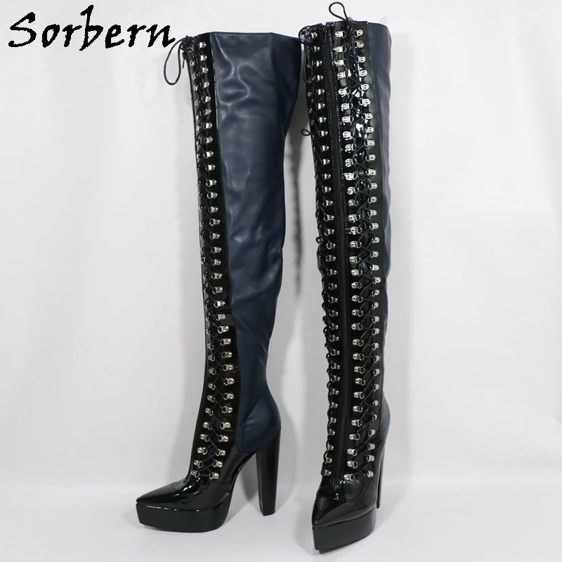 Sorbern Navy Blue Long Boots Women Fetish Style Block High Heel Pointed Toe Lace Up D-Hooks Mid Thigh High Boots Female Shoes