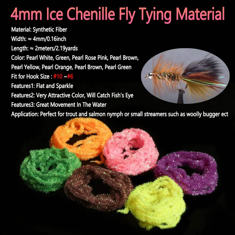 Bimoo Fly Tying 4mm Ice Chenille Material Nymphs Streamer Woolly Bugger Sparkle Fluff Body Wrapping Material Trout Salmon Fly