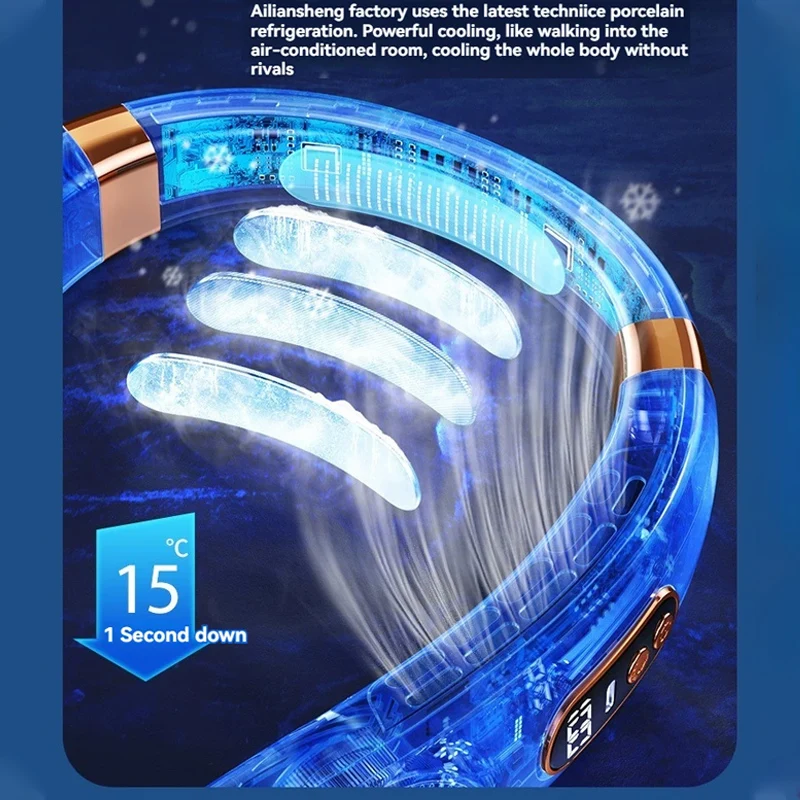 แบบพกพาแขวนคอพัดลม LED Digital Display Light USB ชาร์จ Bladeless พัดลมไฟฟ้า Mini Air Cooler คอ Camping พัดลม