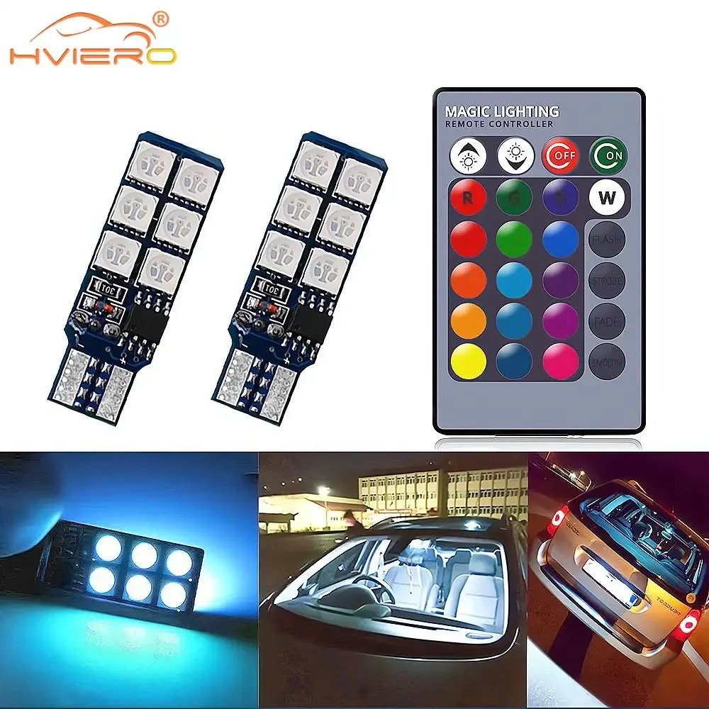 2 lâmpadas de decoração interior automática t10 w5w 5050, luz atmosférica rgb 12smd, controle remoto, leitura colorida, led, acessórios para carro