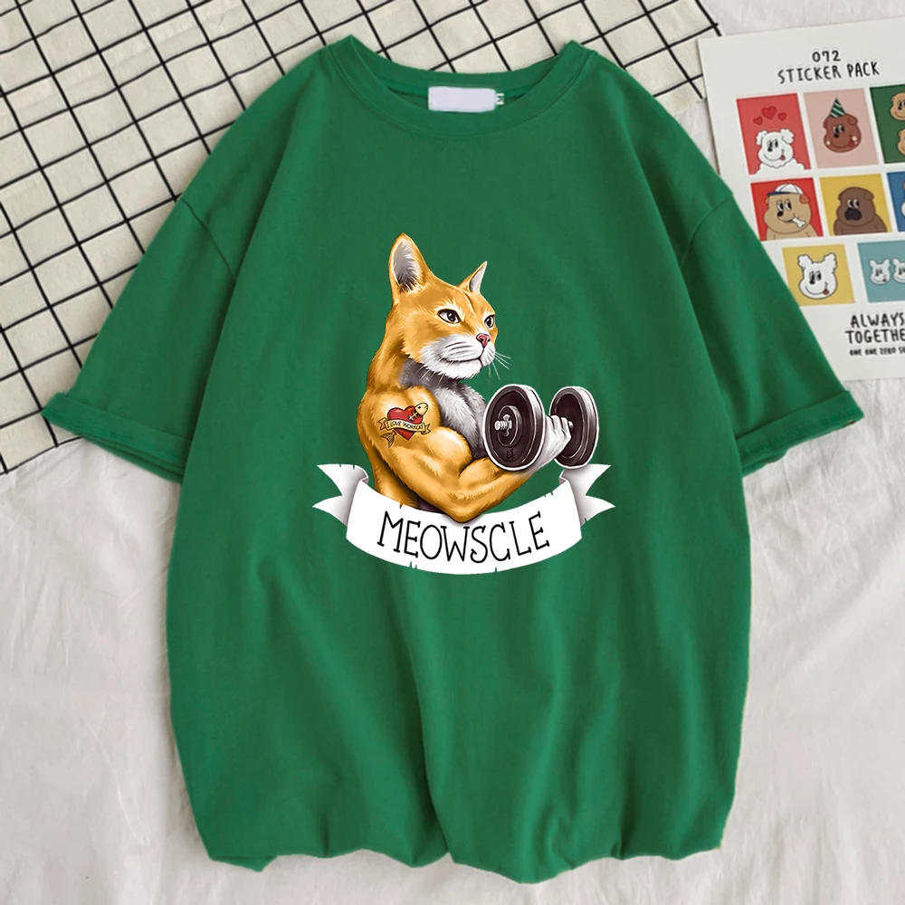 Meowscle The Cat Has Been Lifting Dumbbells Prints Male Tshirts Street Vintage Tshirt Sport Oversized T Shirt Style Slim Men Top