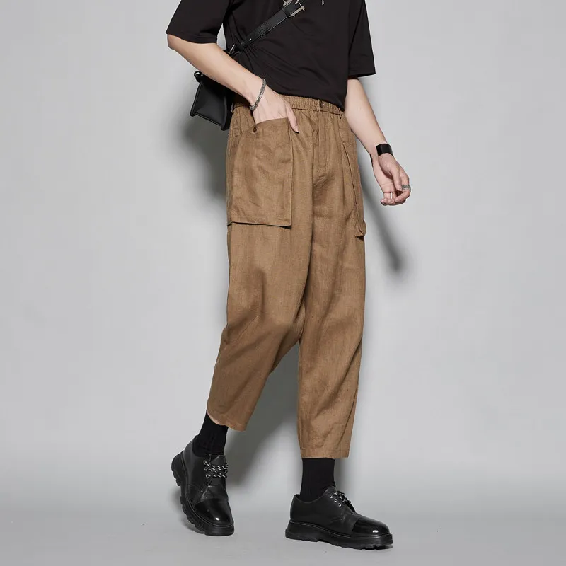 High Quality Linen Cut Design Hong Style Japanese-Style Retro Brown Nine Points Old Money All-Matching Tapered Casual Pants
