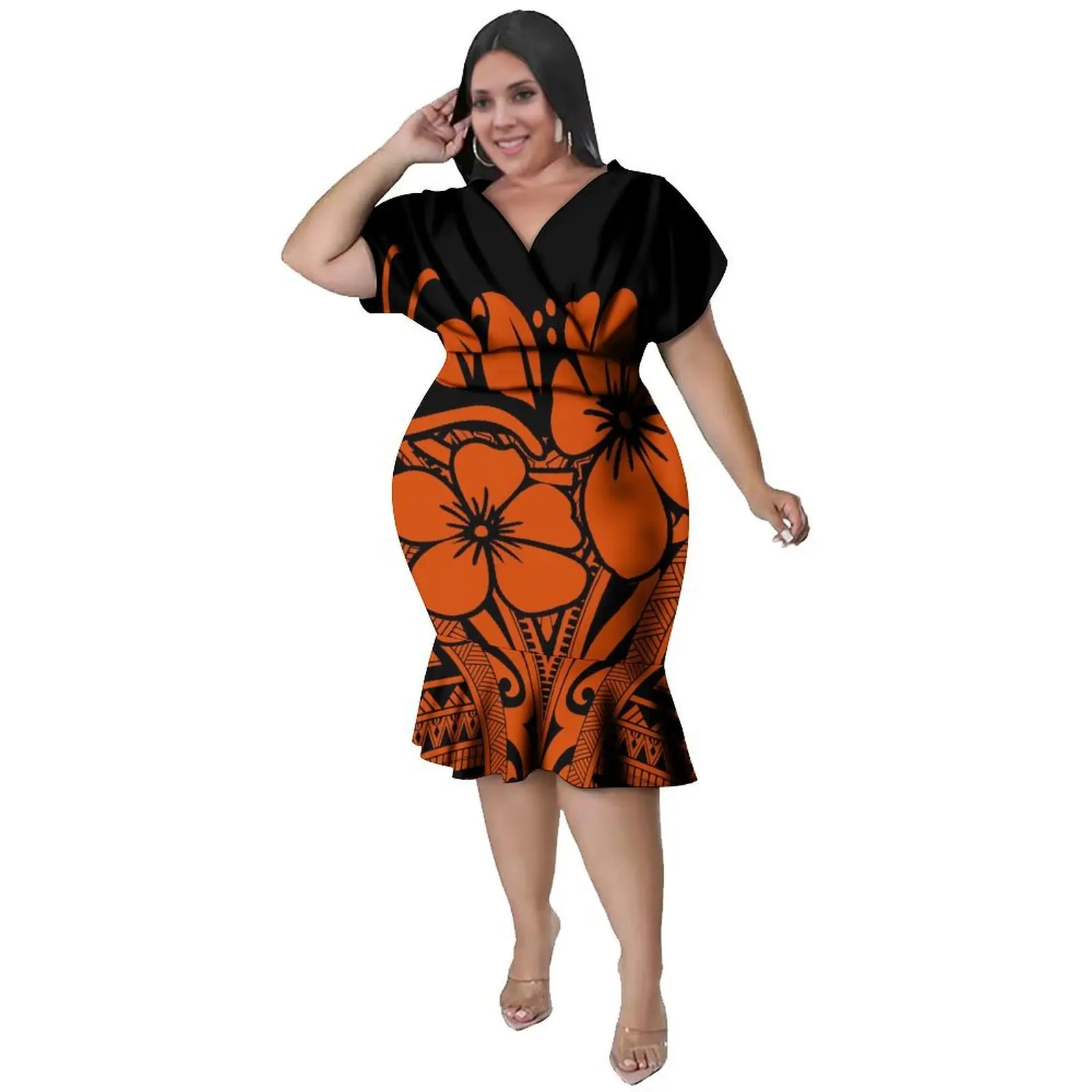 Polynesian Women'S Short-Sleeved Fitted Dres High-Definition Pattern Customization  Dress Casual Clothing Customized Clothing