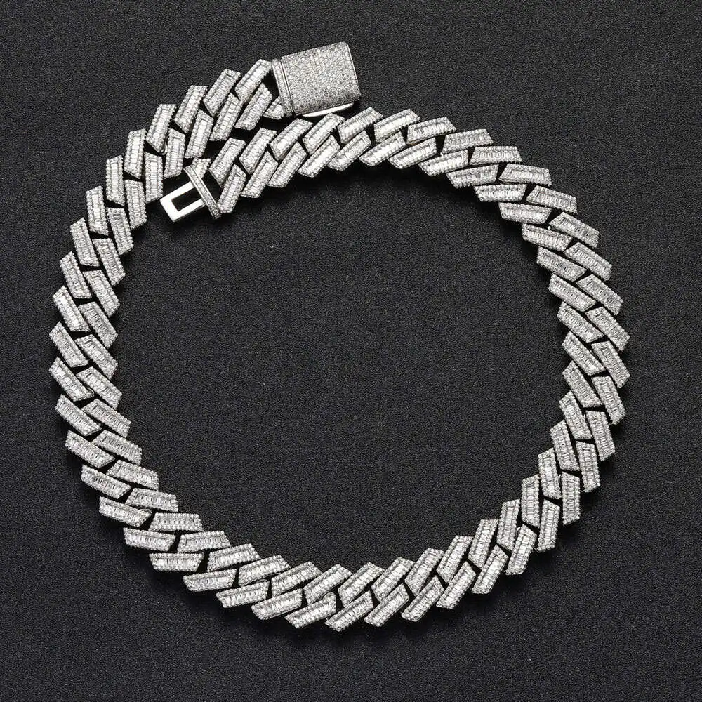 Luxury Hip Hop 18mm Iced Out Moissanite Sterling Silver Chain Full Iced Cuban Chunky Link Chain Box Clasp Baguette Men Necklace.