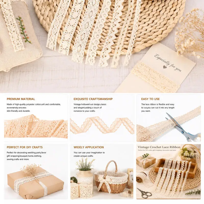 5M Baumwoll-Spitzenband Vintage Spitzenband Gehäkeltes Baumwollband mit Wellenkante für Braut-Hochzeitsdekoration DIY Handwerk Nähzubehör – Detail 5