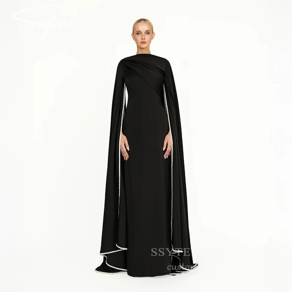 SSYTENS elegante vestido de fiesta de boda negro una línea perlas mangas largas vestidos de noche Arabia Saudita vestidos de noche formales de lujo
