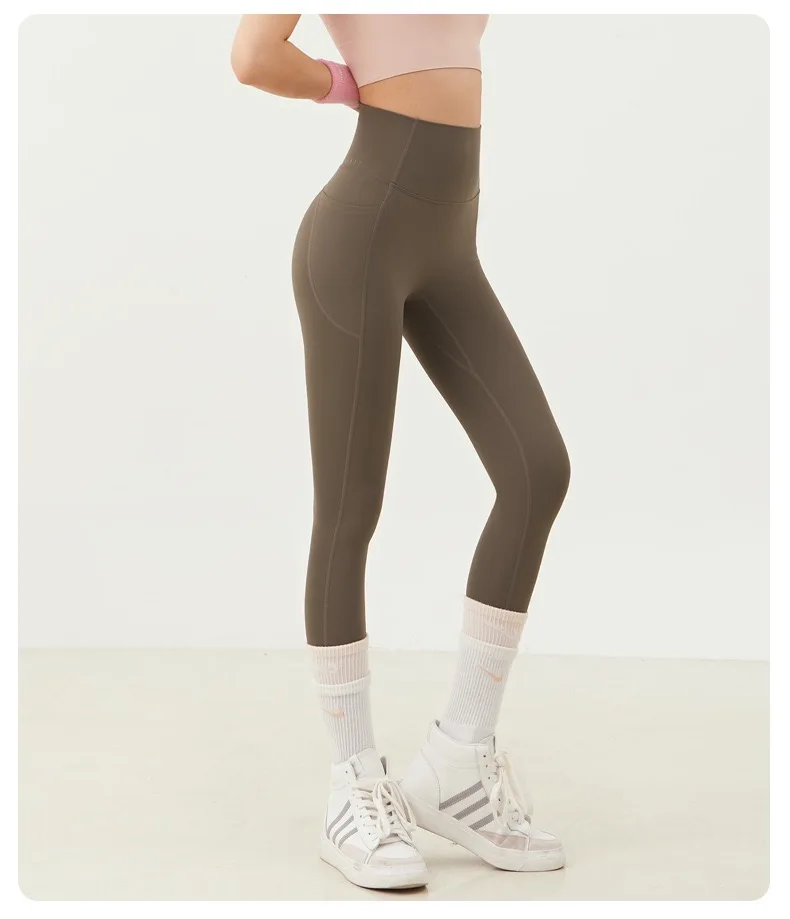 Yoga-Hose für Damen, hohe Taille, pfirsichfarben, hüftformend, schnell trocknend, mit Taschen, ohne Unterwäsche, Fitness-Gym-Hose – Detail 8