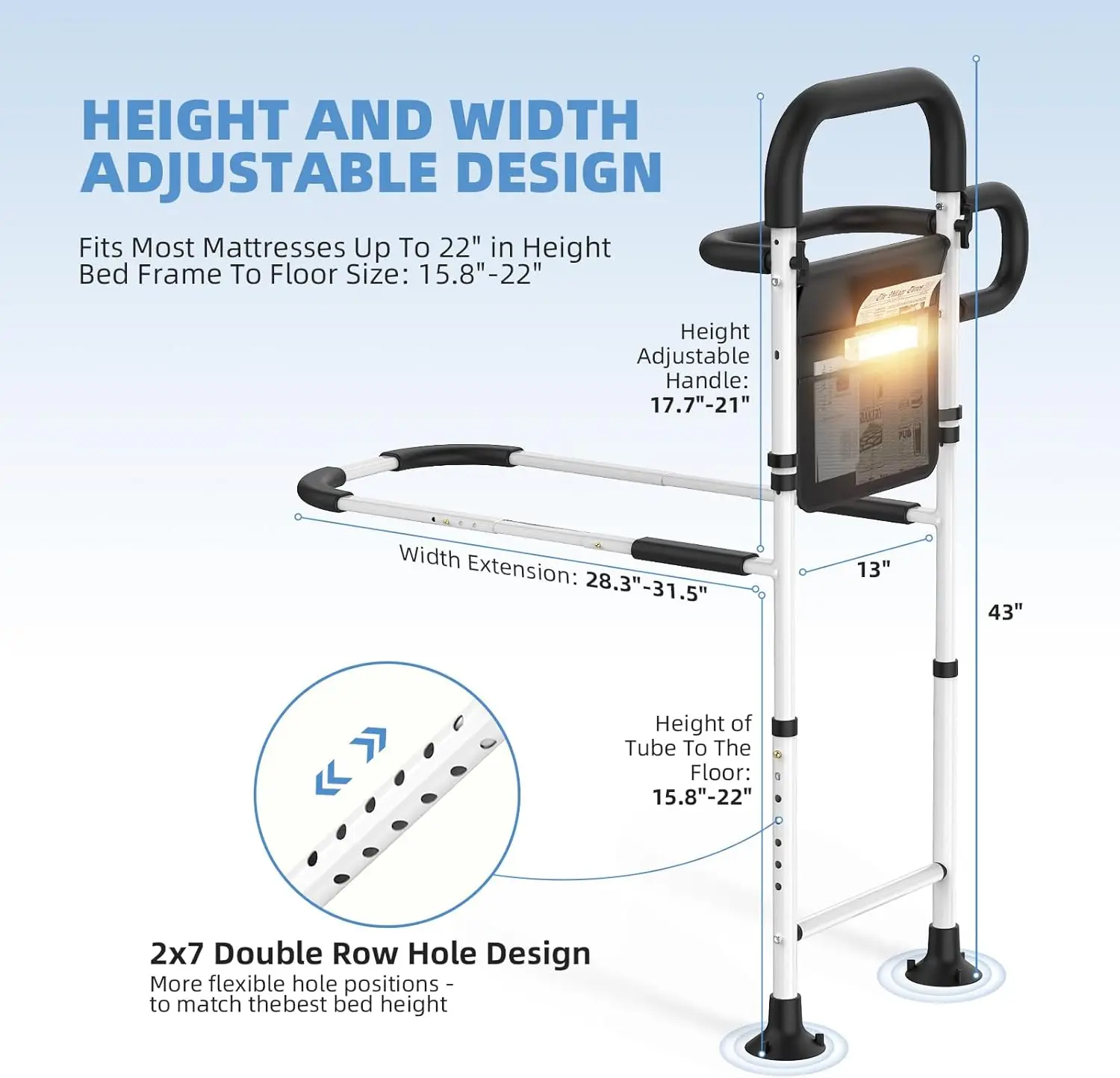 Bed Rails for Elderly Adults Safety, Height Width Adjustable Bed Assist Rail with Motion Sensor Light Storage Bag Side Rails