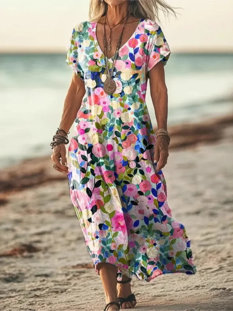 Boho Print Dress For Women  Summer Casual V Neck Short Sleeve Long Dresses Fashion Vacation Loose Beach Women's Vestidos