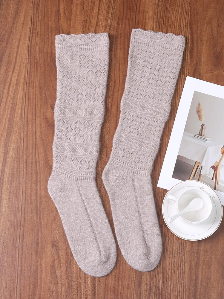 2025 New Spring and Autumn Fashion 100% Merino Wool Ladies Jacquard Stockings Crocheted Hollow Knitted Women's Stockings