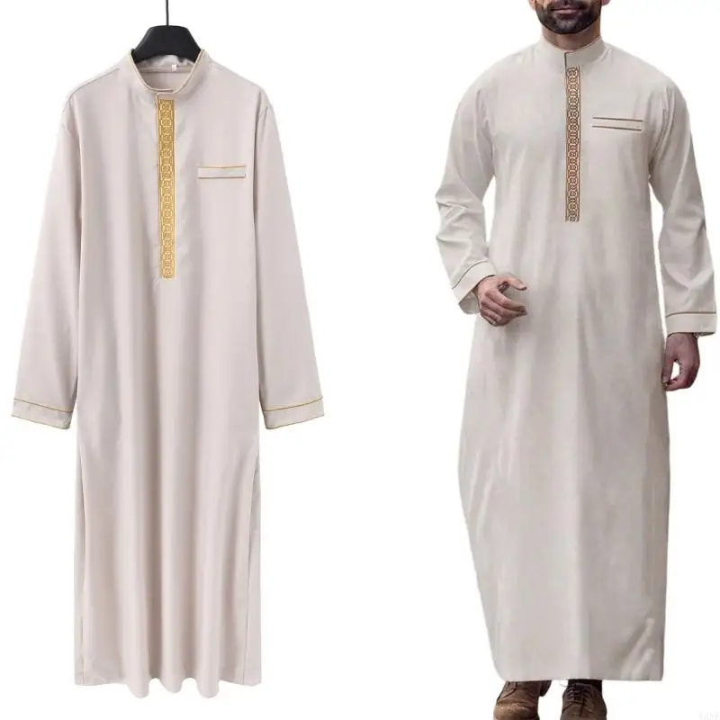 

Y3NE Breathable Polyester Men's Thobe with Loose Fit and Embroidered Collar Long Sleeve Full Coverage Muslims Attires