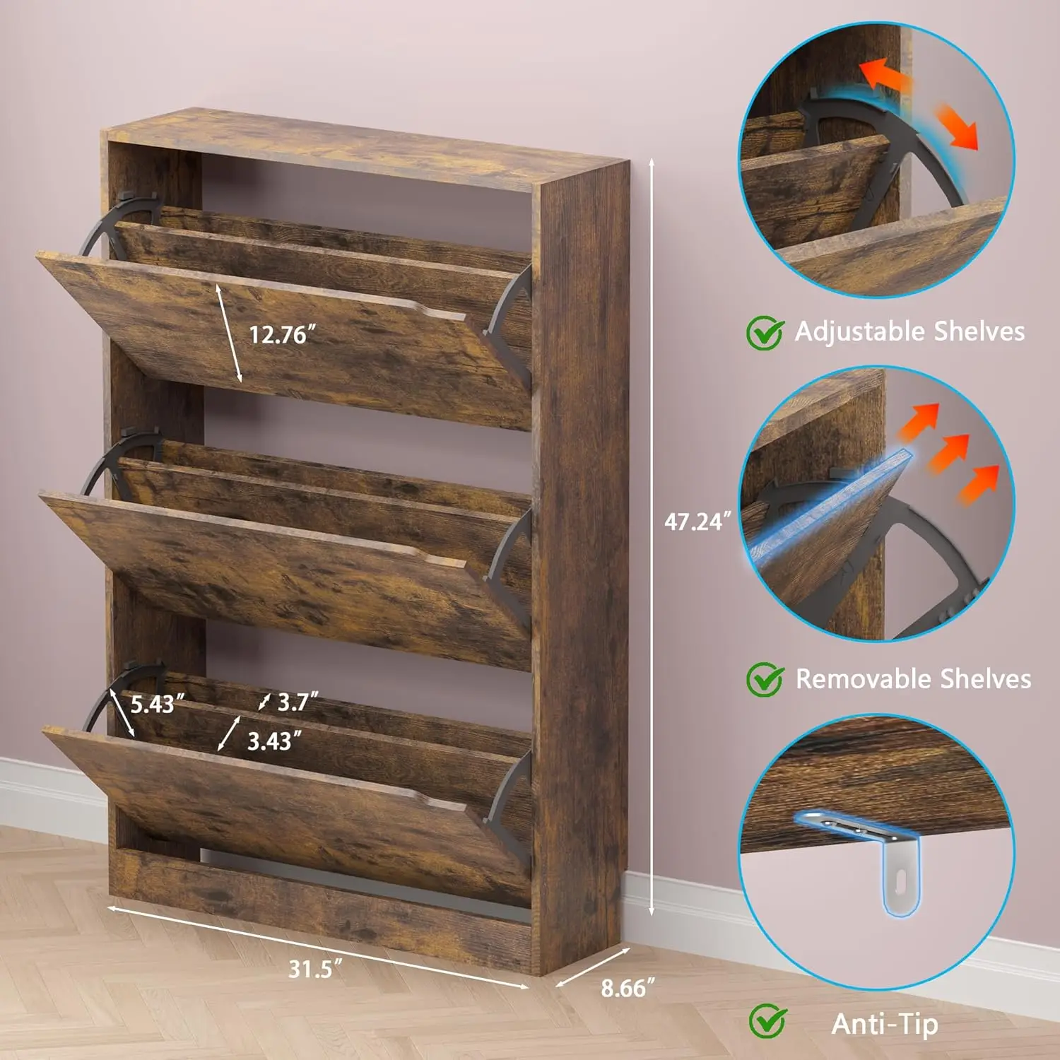 Shoe Cabinet with 3 Flip Drawers, Hidden Wood Shoe Cabinet,Freestanding Shoe Storage Cabinet for Entryway Hallway