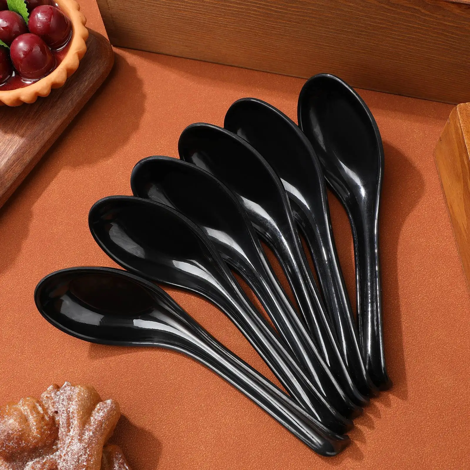 6 Pcs Black Soup Spoons Melamine Tableware Reusable Japanese Style Perfect for Catering Picnics Buffets Environmental