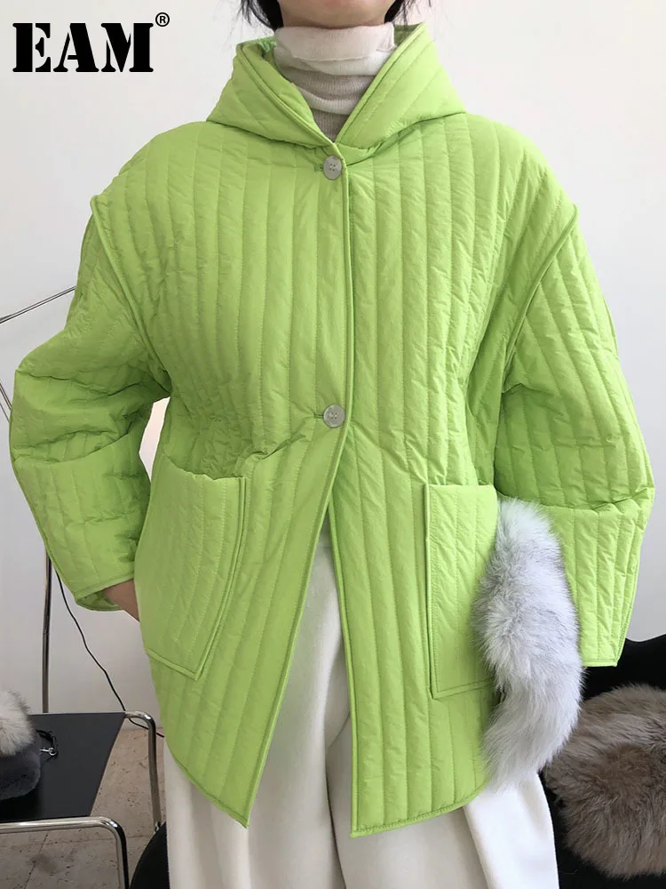 [EAM] Hooded Green Big Size Cotton-padded Coat Long Sleeve Loose Fit Women Parkas Fashion Tide New Autumn Winter 2024 1DH3820