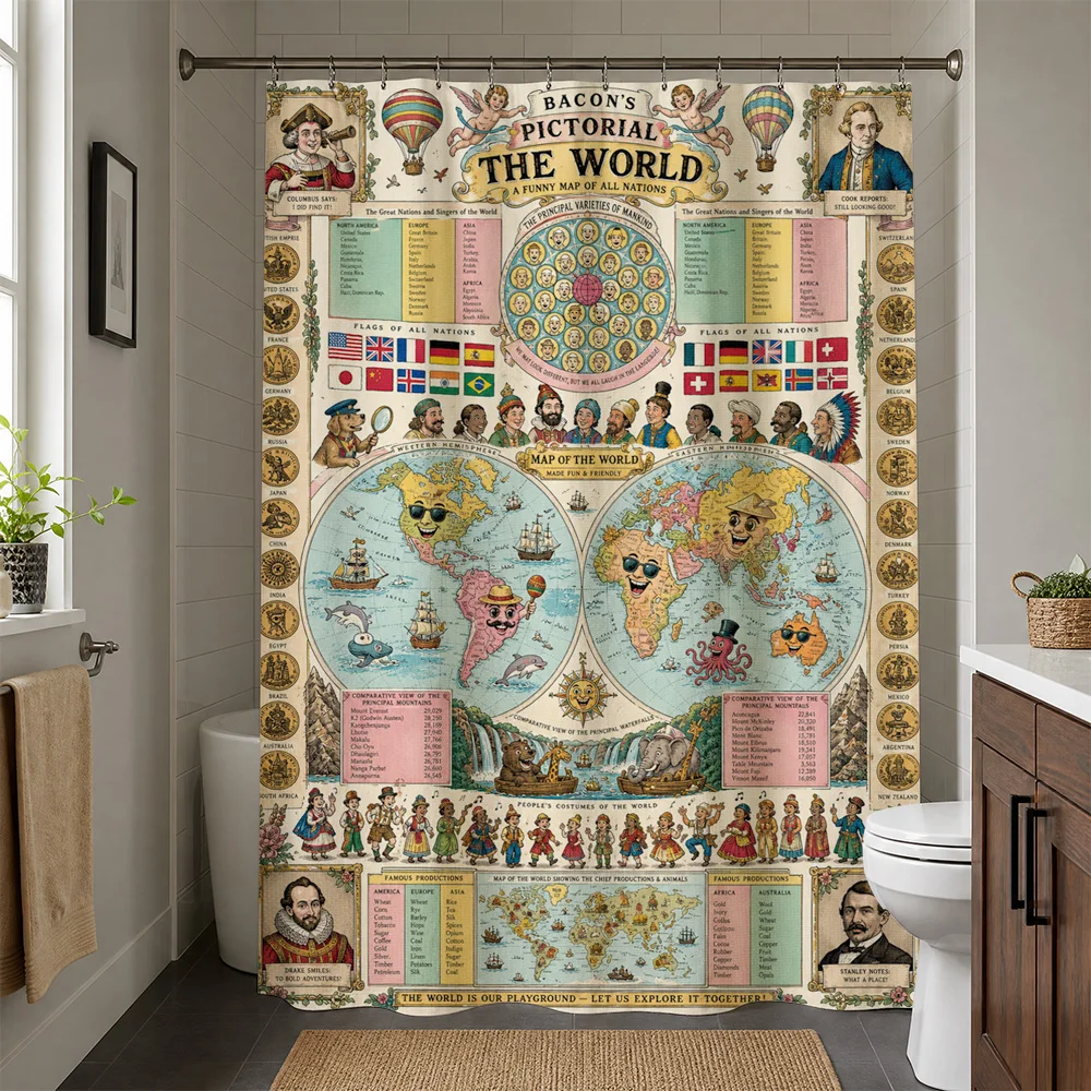 Antique World Map Shower Curtain Bathroom Decor Nautical Vintage Travel Poster Educational Print Retro Bathroom Tapestry