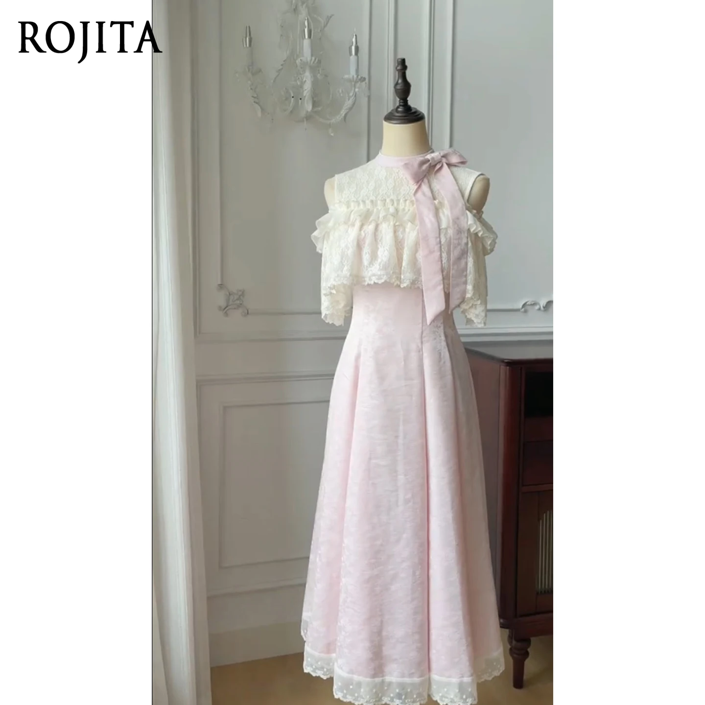 

Sweet Design Bow Short Sleeve Cape Dress Elegant Early Autumn New Waist Slimming Lace Long Dress for Women Vintage Dress