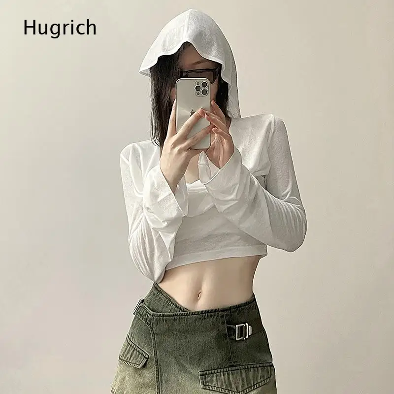Lightweight Hooded Long Sleeve Crop Top Ruched V Neck Flared Cuff Slim Fit Short Hoodie for Y2K Street Daily Casual Wear