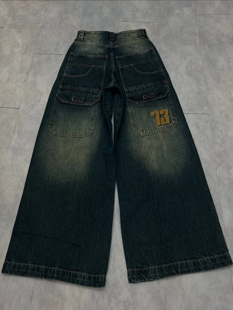 

Y2K мешковатые джинсы с американским новым узором и вышивкой, мужские уличные винтажные модные повседневные широкие брюки в стиле хип-хоп для пар