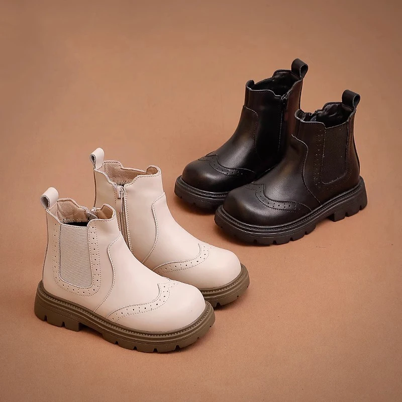 

Girls Leather Boots Children Chelsea Boots Non-slip Classic Britain Style Kids Fashion Short Boots Side Zipper Autumn Winter