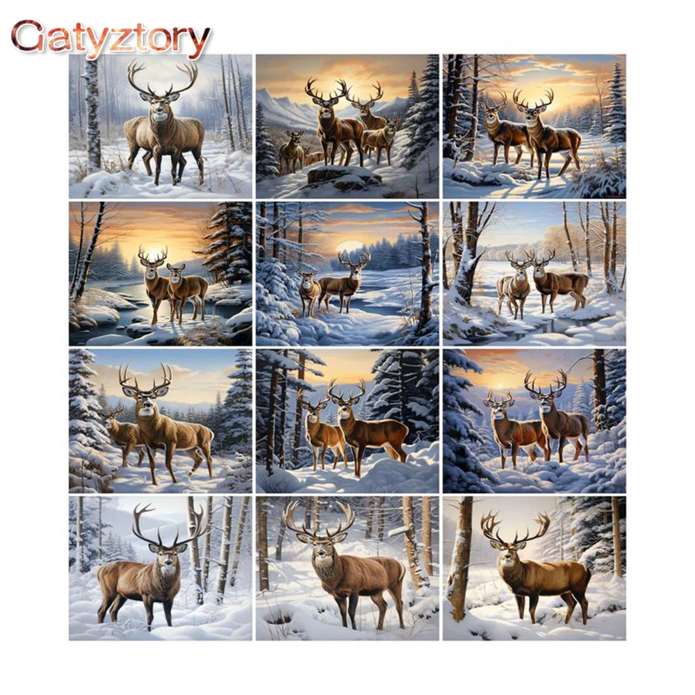 

GATYZTORY Oil Painting By Numbers Winter Elk Diy Crafts Handpainted Landscape Acrylic Paint Home Decor Canvas Coloring Living Ro