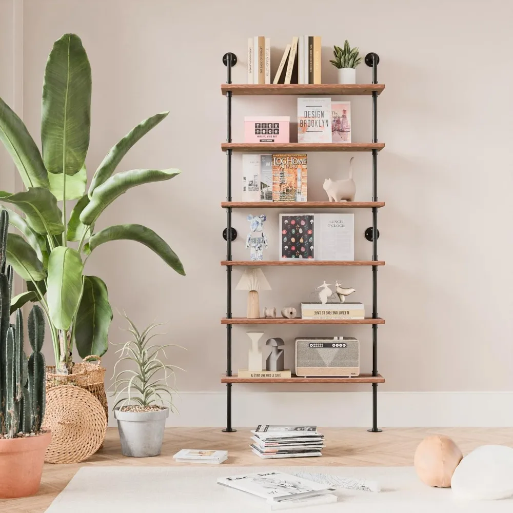

6 Tier Industrial Ladder Pipe Shelf Bookcase, Rustic Wall Mounted Pipe Bookshelves for Decor and Storage