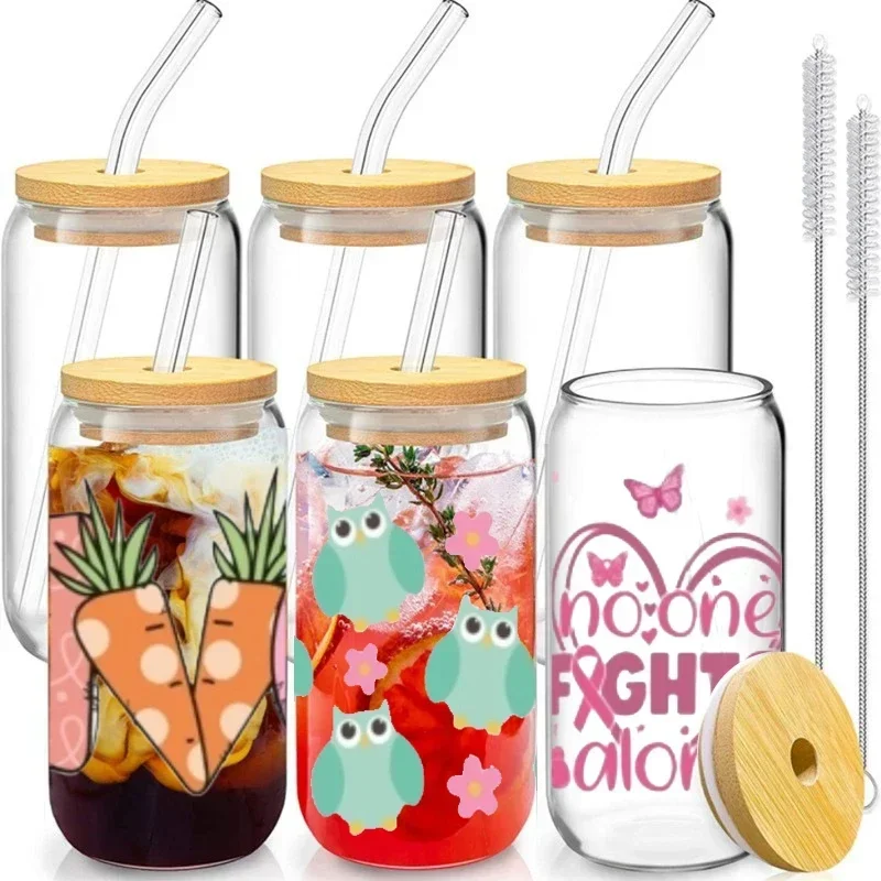 6 Sets Breast Cancer Awareness Drinking Party Cup Mason Glass Tumbler Iced Coffee Cup with Bamboo Lids Glass Straw  And Stickers