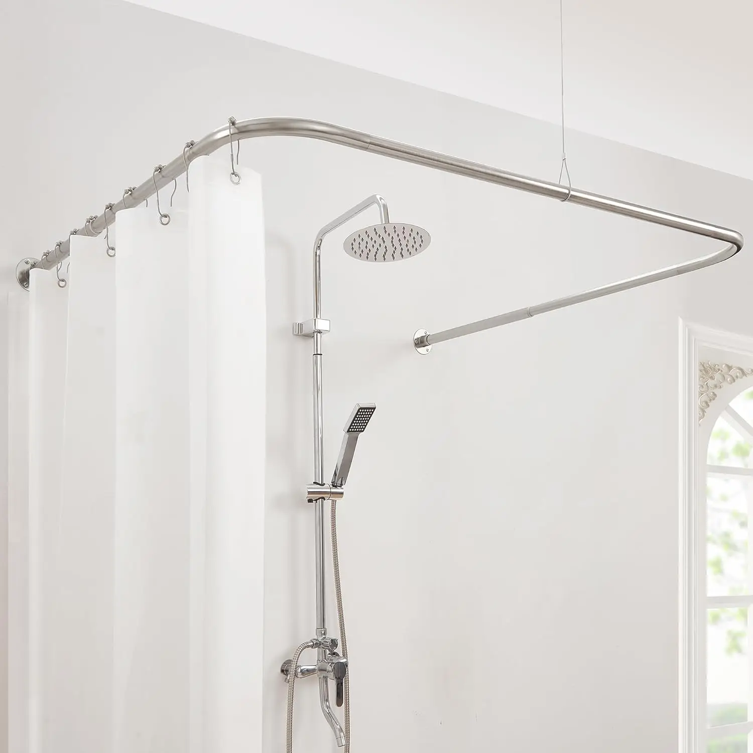 

U Shaped Shower Curtain Rod, [Both Sides: 24"-52", Middle: 31"-47"] Adjustable U Shape Outdoor Corner Curtain Pole for Bathro