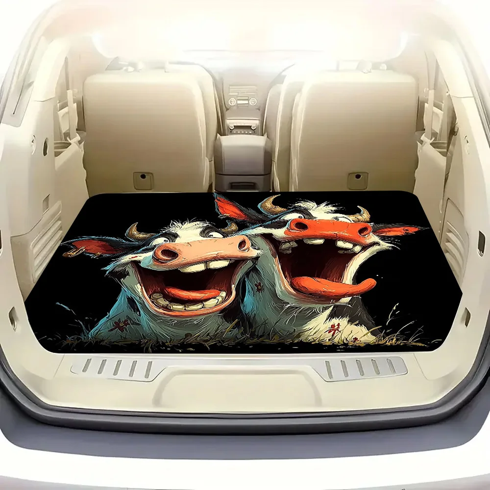 1pc, Fun Cartoon Double Cow Design Printed Trunk Mat, Soft, Durable, Machine Washable Cargo Mat, Protects The Trunk Of A New Car