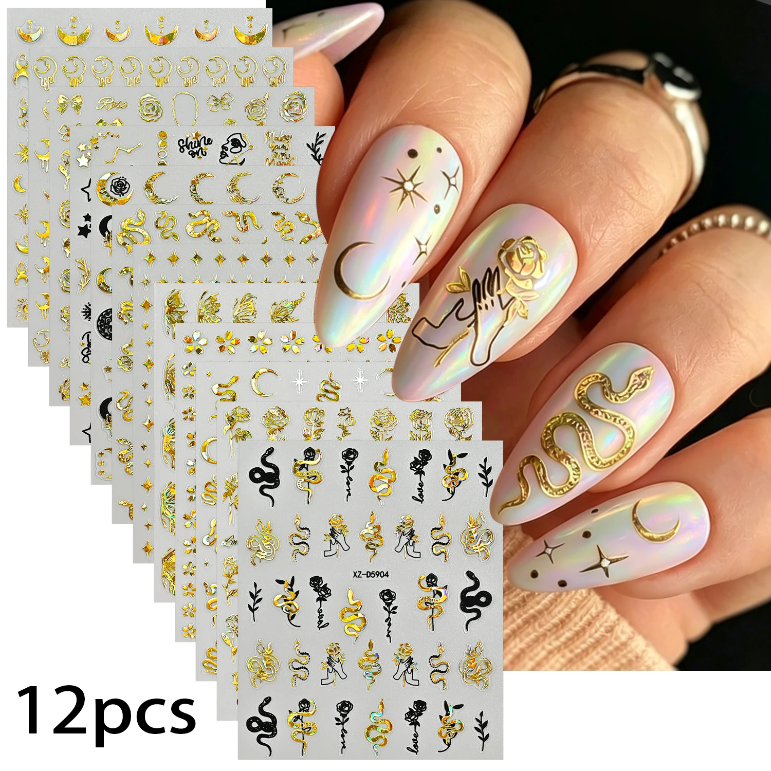 12pcs/set Laser Gold Star Moon Sun Snake Nail Sticker 3D Bohemia Rose Flower Starlight Butterfly Manicure Decals DIY Nail Decora