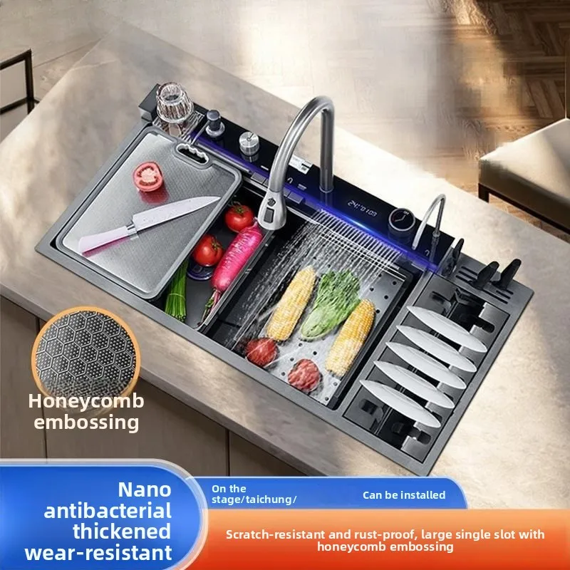 Waterfall Large Single Bowl Kitchen Sink Stainless Steel Integrated Draining Rack Kitchen Sink Dishwashing Sink Kitchen Items