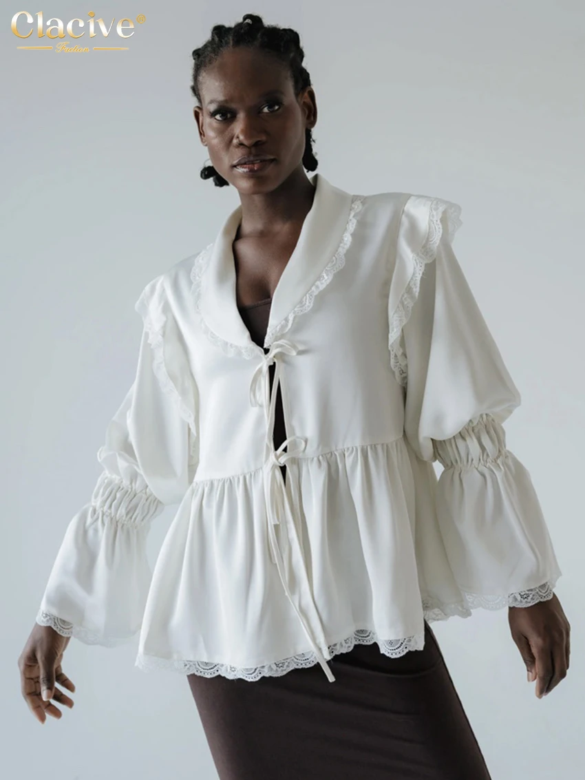 Clacive Casual Loose White Women's Blouses And Shirts Spring Lapel Long Sleeve Lady Shirt Elegant Lace Spliced Top Female Cloth
