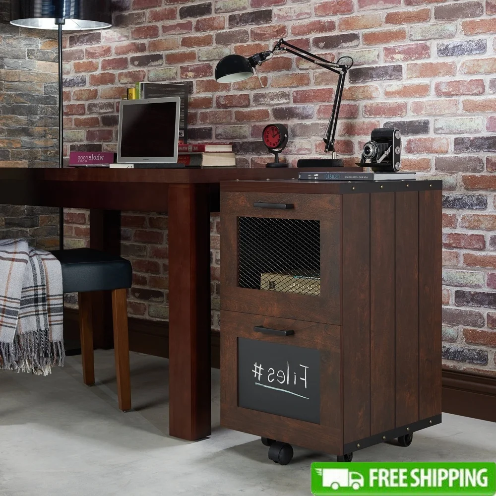 

Industrial File Cabinet with Drawers Mobile Caster Wheels and Chalkboard Labeling Vintage Walnut Finish Storage Organizer