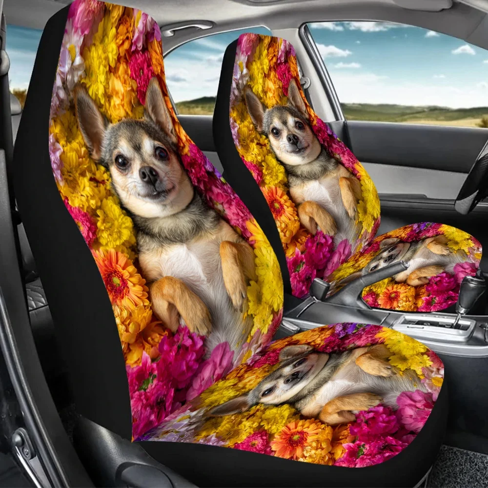 2pcs Flower Garden Dog Print Car Seat Covers | Universal Fit For Car, SUV, Sedan | Enhance Driving Pleasure, Polyester Material,
