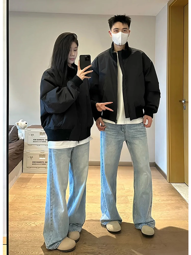 You Lun Men Winter Cotton Jacket Short Baseball Style Pilot Coat Men's Black Stand Collar Casual Loose Fit Teenage Fashion
