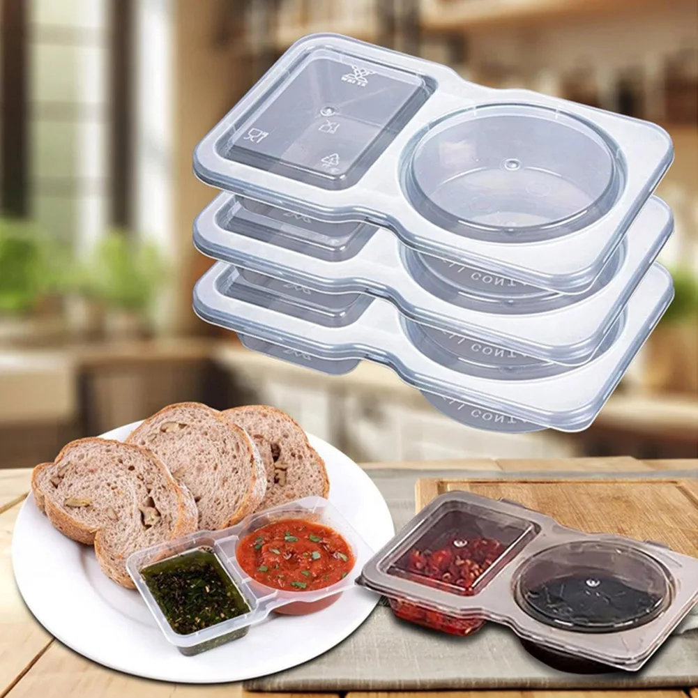 10/15/20/30 Pcs Double Compartment Condiment Container with Lid Snack Containers Plastic for To-go Sauce Sampling Travel Snack