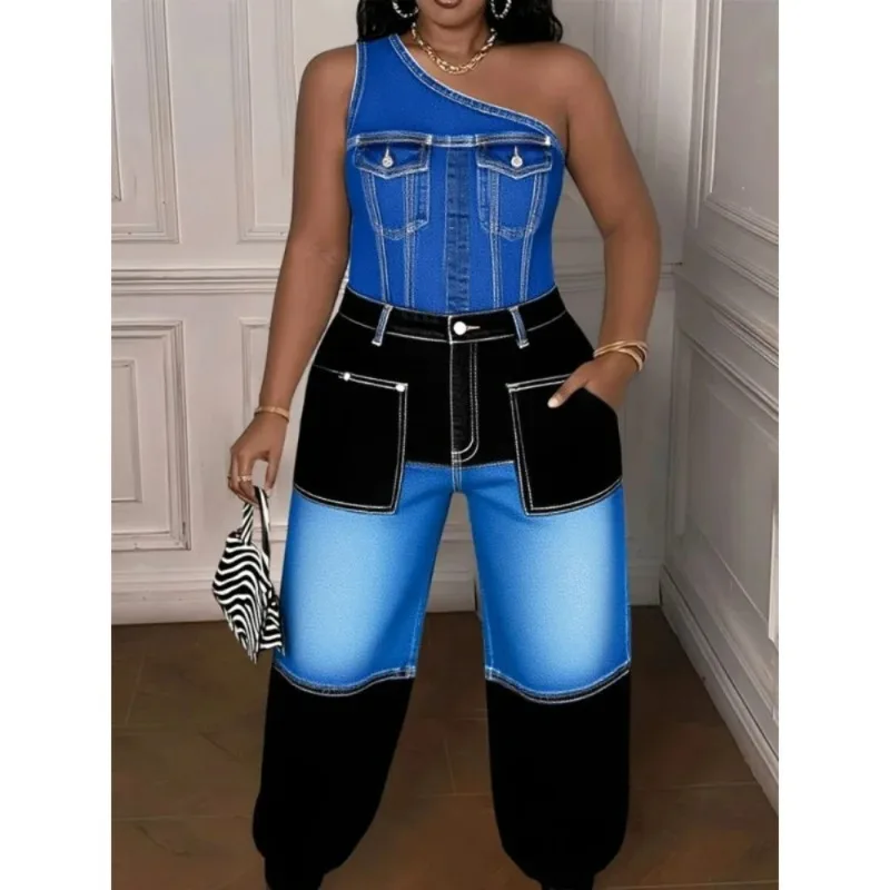 

Summer European and American new trend color block patchwork high-waisted tight women's jumpsuit fashion one-piece casual