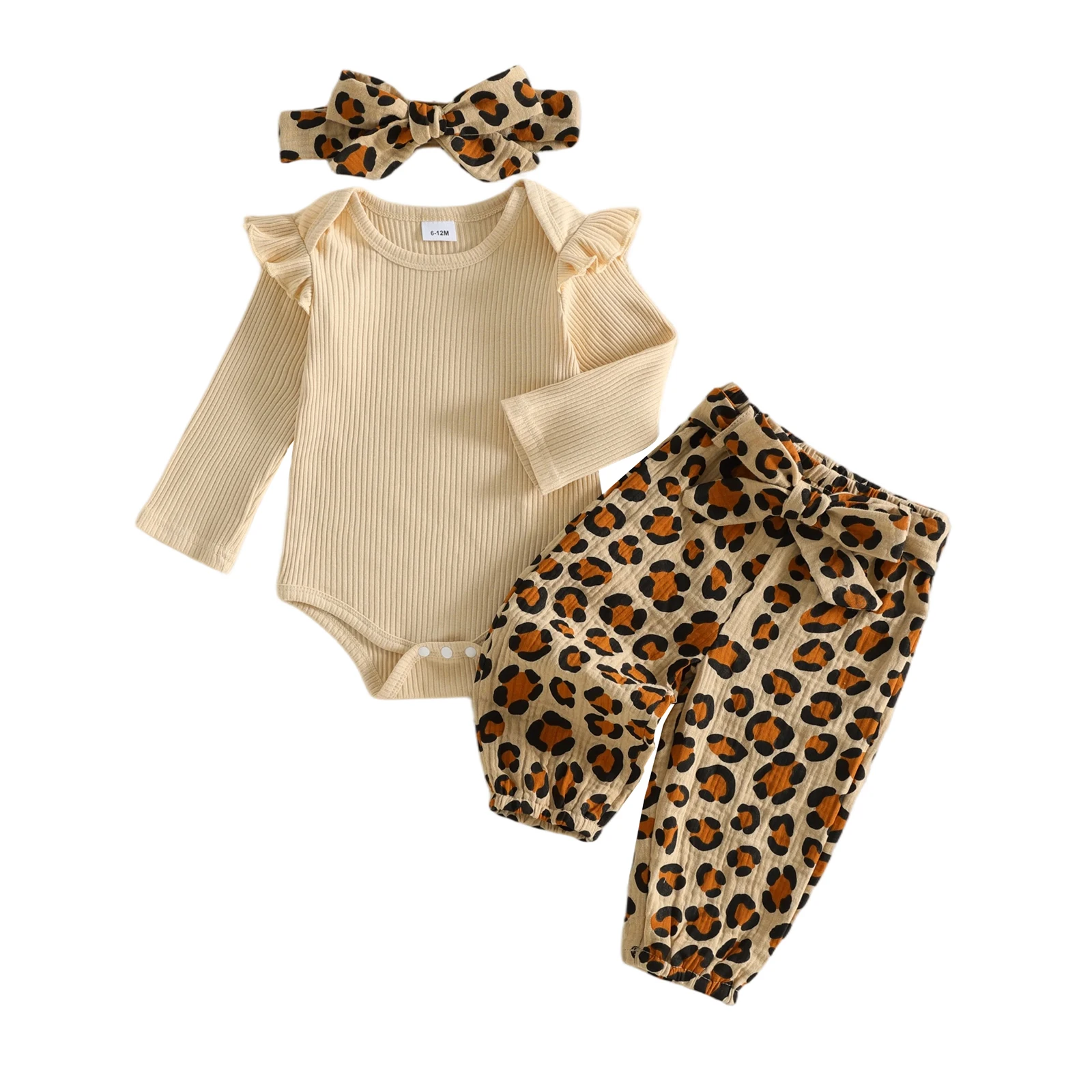 Baby Girl Fall Outfits Casual Ribbed Crew Neck Long Sleeve Romper Leopard Print Pants with Belt and Headband 4 Pcs Set
