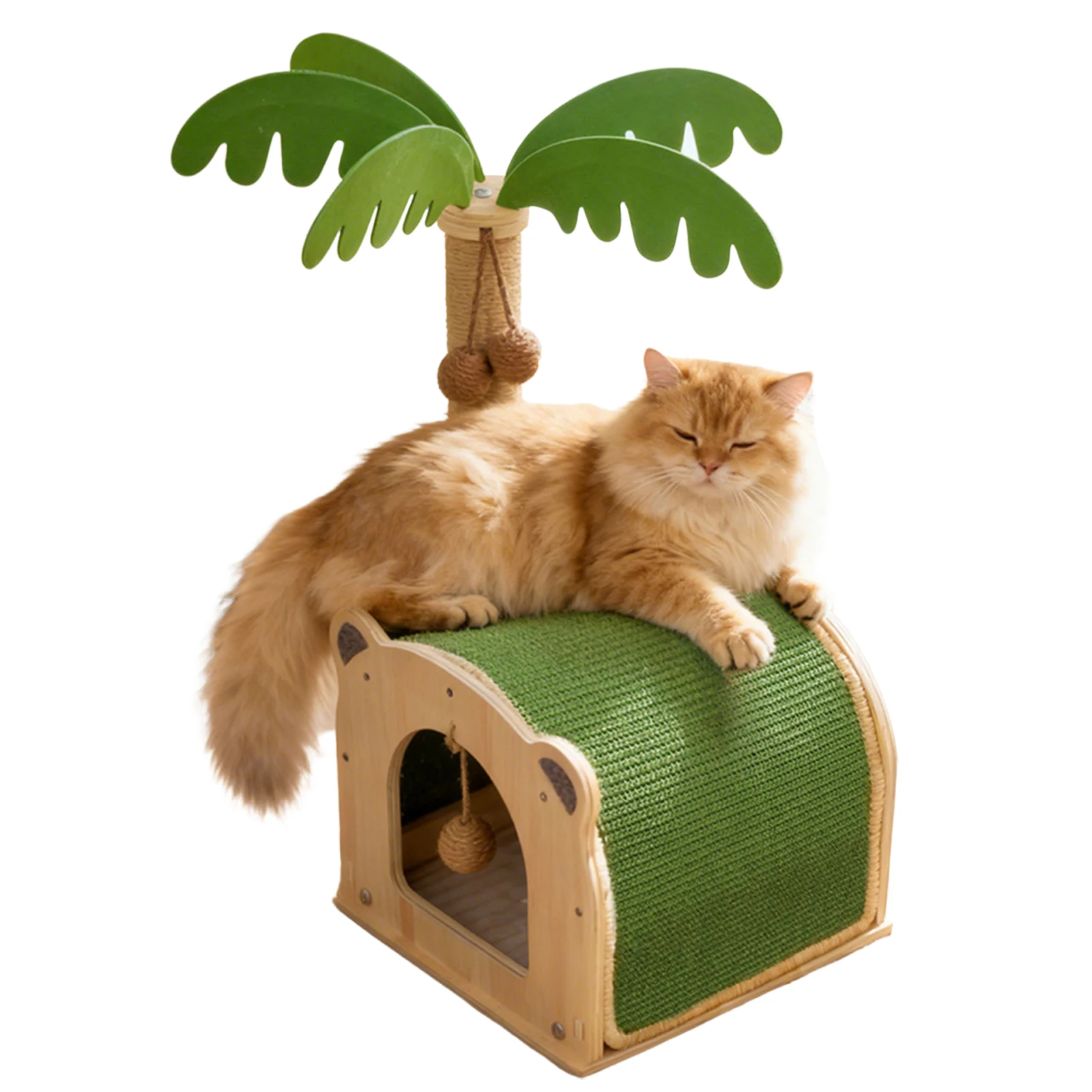 

Деревянные интерактивные когтеточки из сизаля в форме кокосовой пальмы с подвесными шариками и домиком для кошек и котят, для использования в помещении