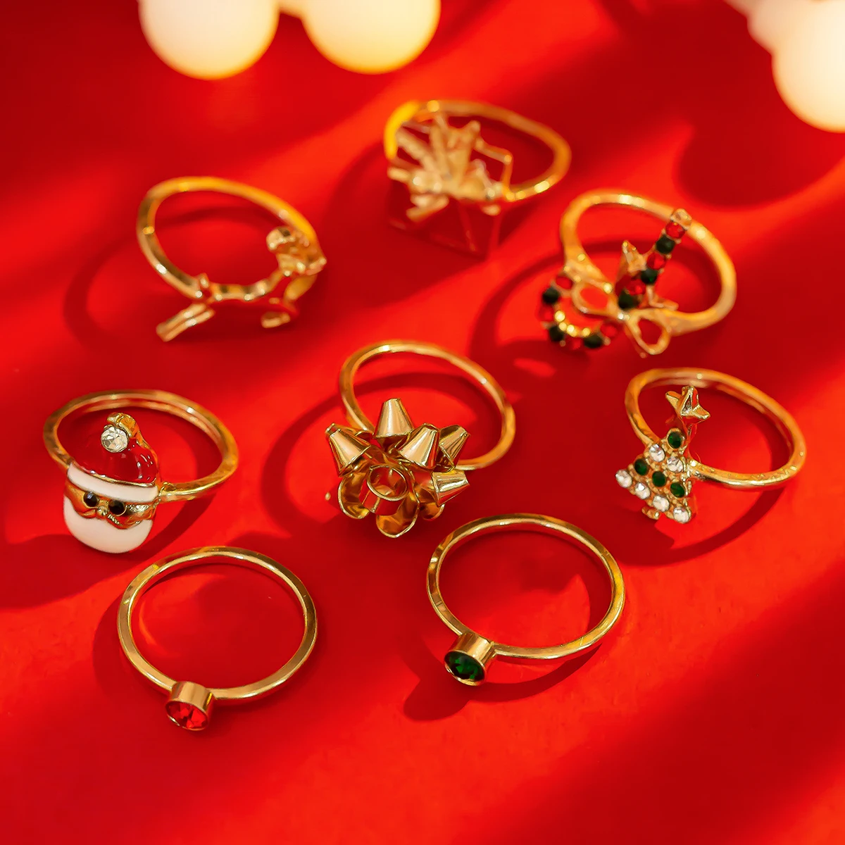 KunJoe 8pcs Cute Christmas Tree Snowman Elk Rings Set Women Creative Rhinestone Gold Color Finger Rings Jewelry Gift Accessories