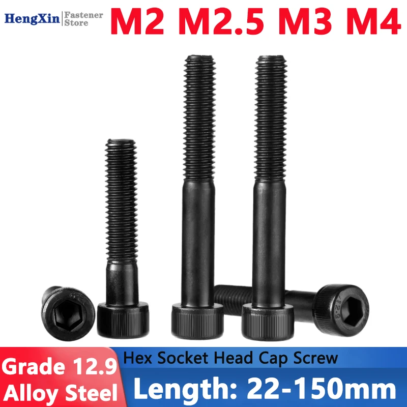 5-50pcs M2 M2.5 M3 M4 Black Grade 12.9 Alloy Steel Hexagon Hex Socket Cap Allen Head Screw Bolt Lengthened Long 22-150mm DIN912